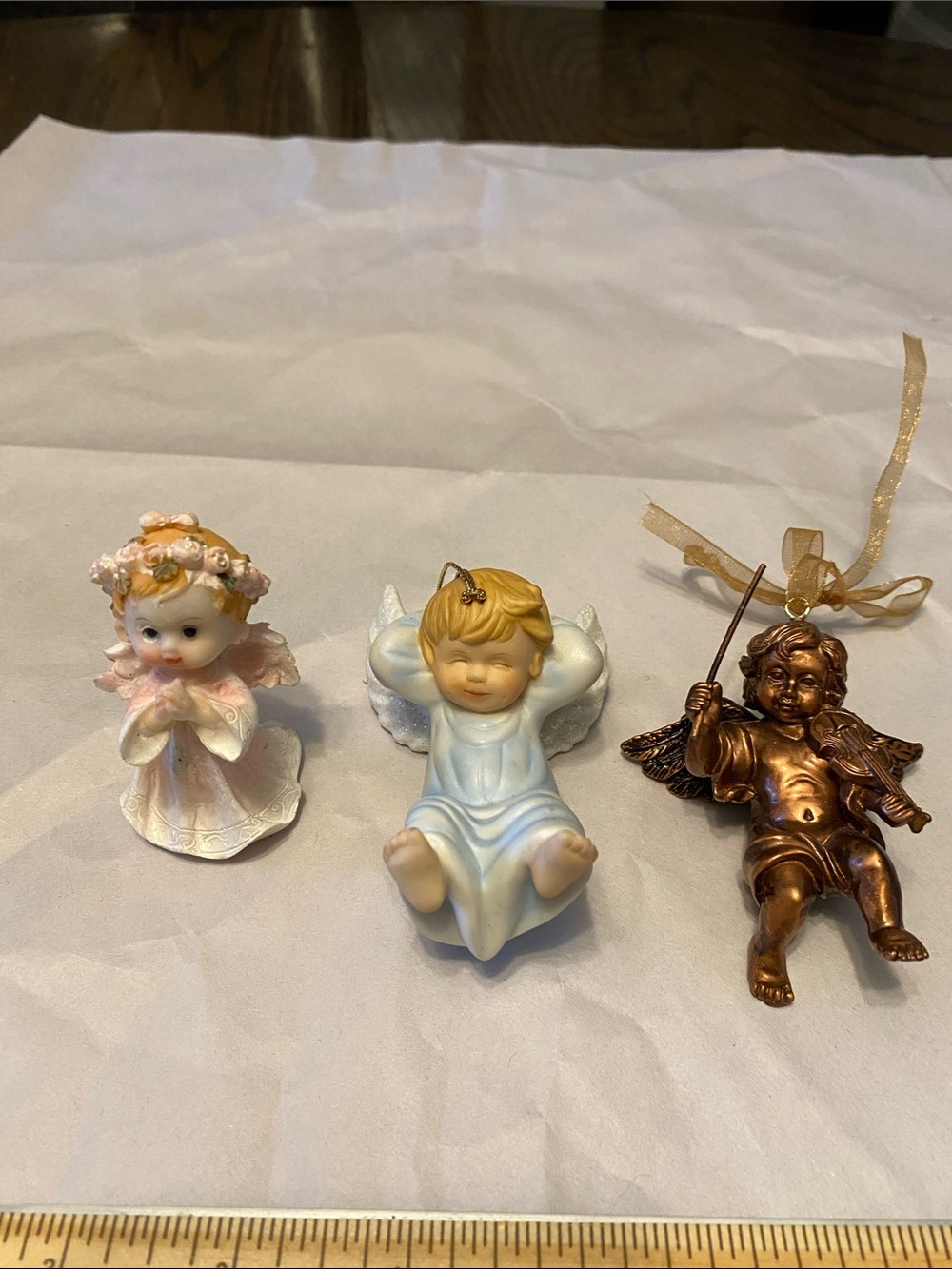 Set of 3 Angel Holiday Ornaments - White, Blue, Bronze